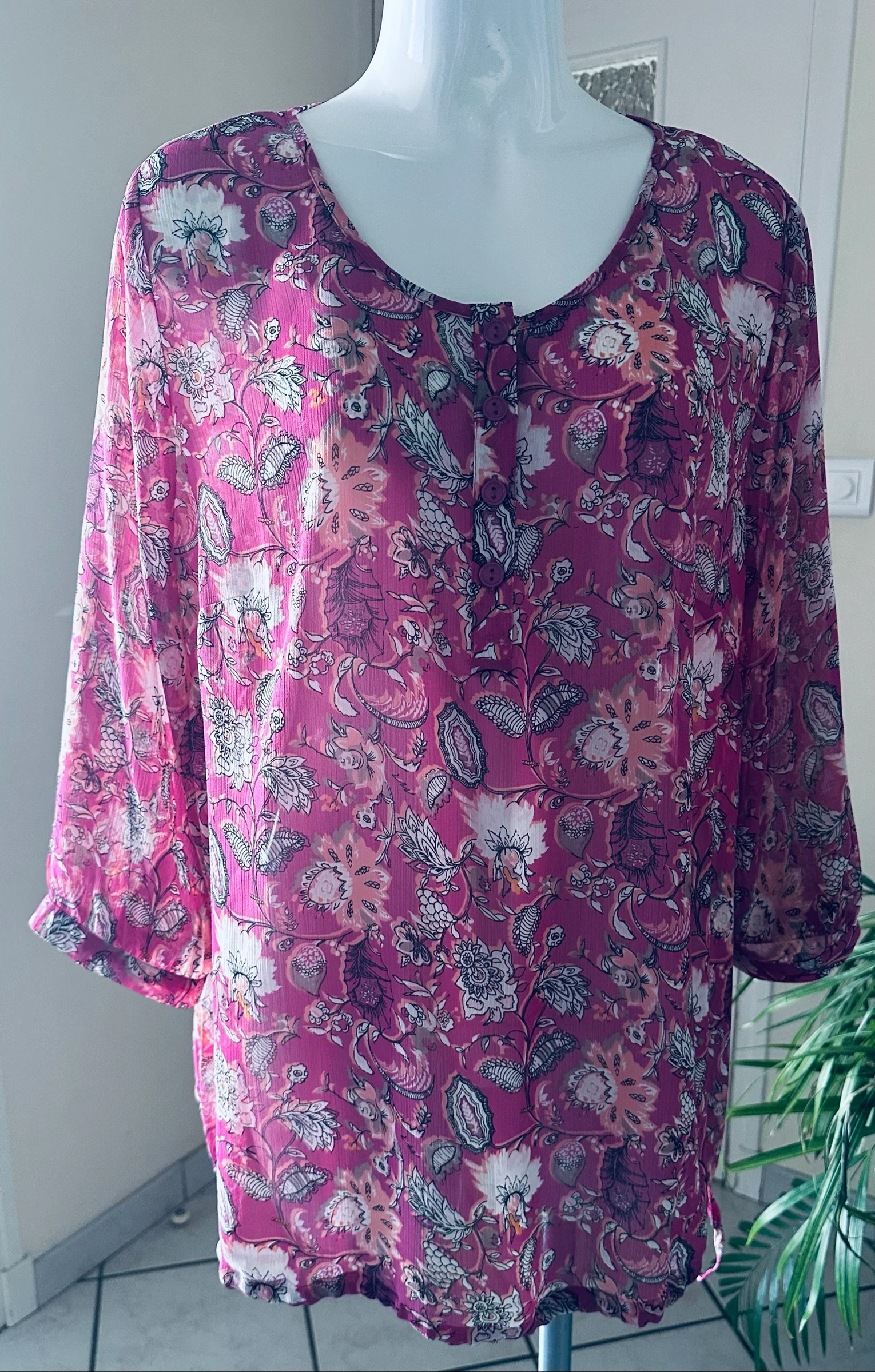 Pink Fuchsia Floral Blouse Damart Size 48 – Excellent Condition – Drawstring Tie – photo 6
